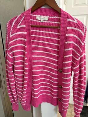 LOFT Hot Pink and White Striped Open Cardigan
